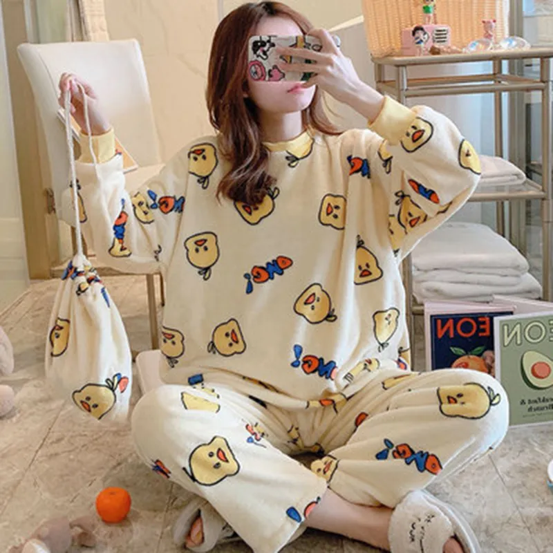 Japanese Kawaii Women Pyjamas Set Cute Winter Warm Flannel Thick