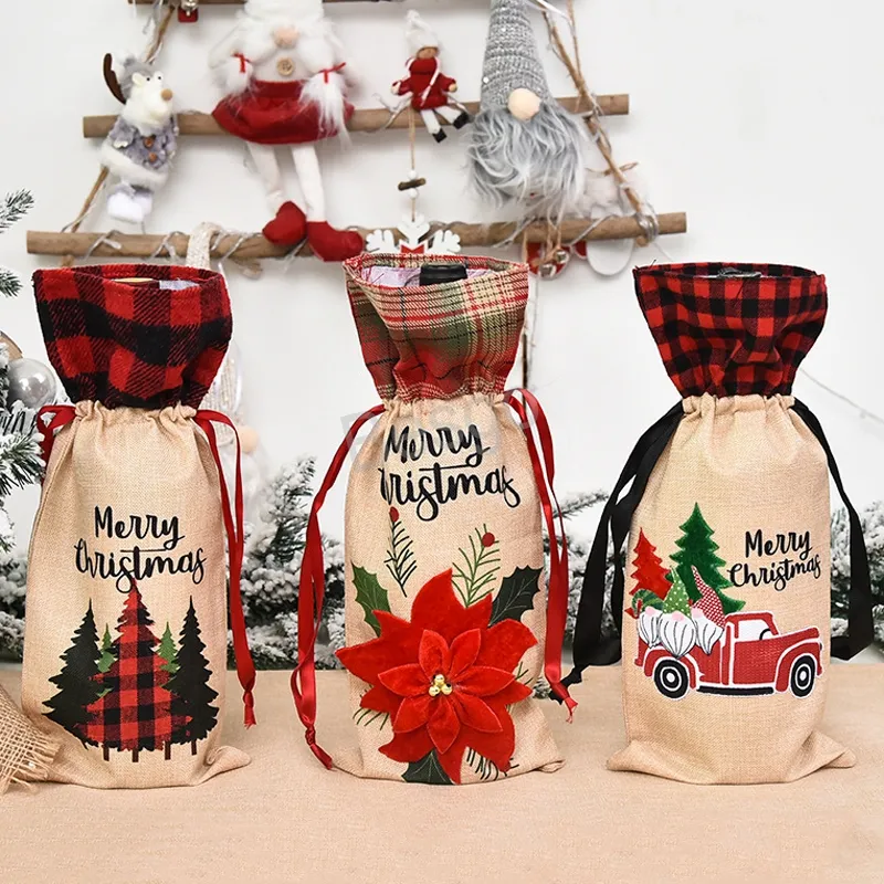 Christmas Wine Bottles Bag Santa Claus Wine Bottle Cover Bags Christmas Decorations Table Bottle Bag Xmas Plaid Bottles Bags BH2970 TQQ