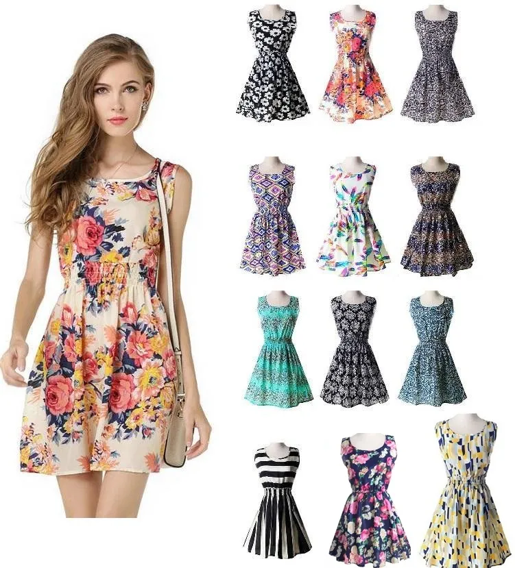 13 modèles les moins chers nouvelle marque 2021 robe d'été femmes décontracté imprimé robe sans manches en mousseline de soie à rayures imprimé floral taille élastique robes de plage