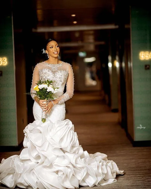 Luxury Arabic Tiered Mermaid Wedding Dress With Sheer Long Sleeves