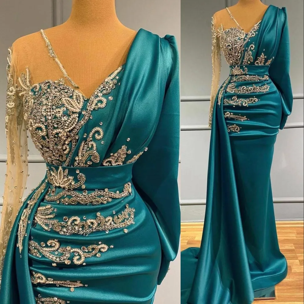 2022 Lyxiga Hunter Mermaid Evening Dresses Wear V Neck Långärmad Kristallpärlor Pärlor Formell Party Dress Prom Kappor Plus Storlek