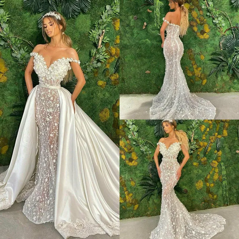 Luxe zeemeermin trouwjurken met afneembare rok kanten 3d bloemen Appliqued Country Princess Wedding Jurk Satin Vestidos de novia