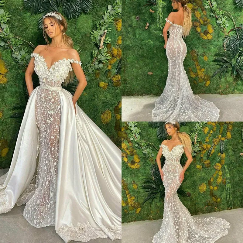 Robes De Mariée Sirène De Luxe Avec Jupe Amovible Dentelle 3D Floral Appliqued Pays Princesse Robe De Mariée Satin Vestidos De Novia