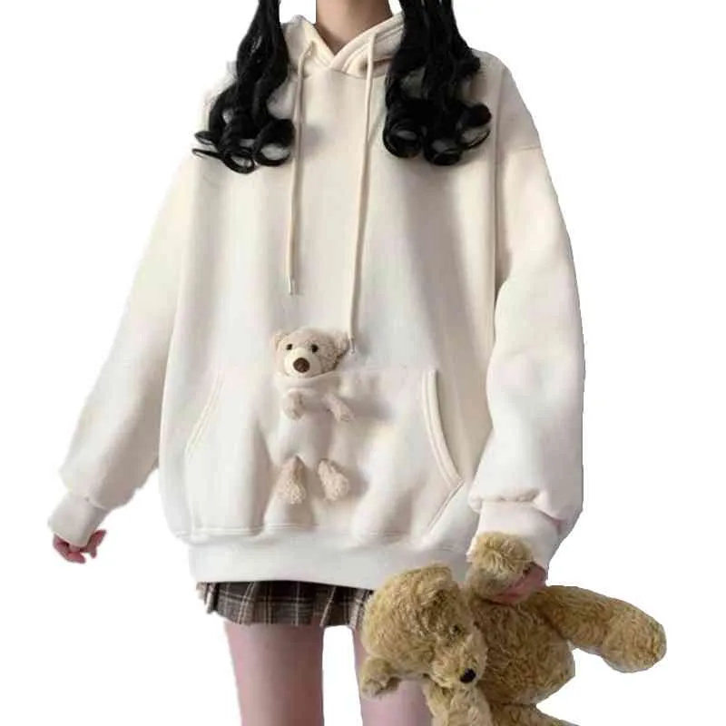 2021 Lente Herfst Vrouwen Losse Leuke Pocket Bear Toy Hoodie Hooded Sweatshirt College Meisjes Casual Kawaii Harajuku Pullover