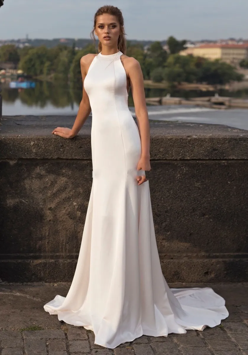 Halter Vestido Blanco Satinado Largo Vestido De Novia De Satin