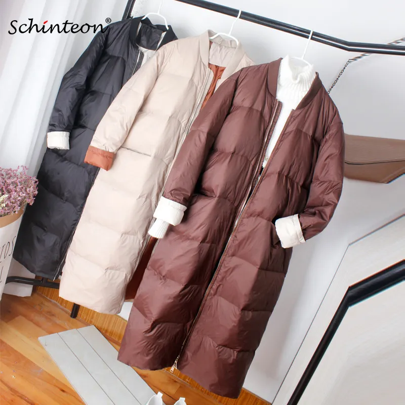 Schinteon Nouveau Style Coréen Baseball Vers Le Bas Veste Manteau Lâche Hiver Long Outwear 90% Duvet De Canard Blanc Manteau Sur La Taille À Manches Courtes 200922