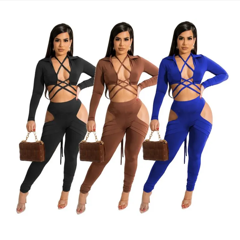 Wholesale Tracksuits Women Two 2 Piece Set Sexy Bandage Crop Top Pants Matching Set Solid Fashion Hollow Out outfits Fall Clothes long sleeve sportswear 6912