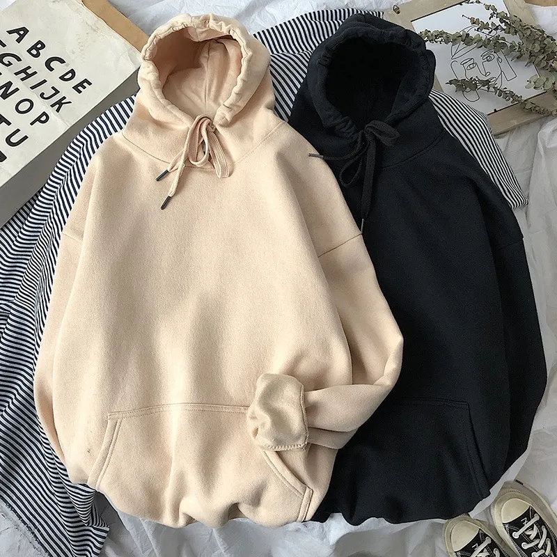 Kadın Tişörtü Kadife Katı 14 Renkler Kore Kadın Kapüşonlu Kazaklar Pamuk Kalınlaşmak Harajuku Boy Hoodies Kadınlar 201030