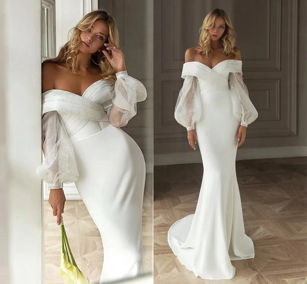 off shoulder Wedding Dress Stunning Mermaid Sweetheart Puff Sleeve Satin Vestido De Noiva 2022 Fashion Princess bridal gown