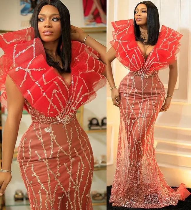 2022 Plus Size Arabisch Aso Ebi Stilvolle Meerjungfrau Sexy Ballkleider Tiefer V-Ausschnitt Sparkly Abend Formale Party Zweiter Empfang Geburtstag Verlobungskleider Kleid ZJ603