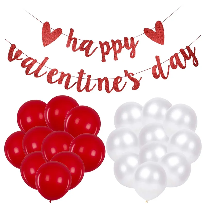 Happy Valentine's Day Flags Balloons Set Romantic Flashing Powder Love Banners Balloon Decoration Party Decor WLY BH4649