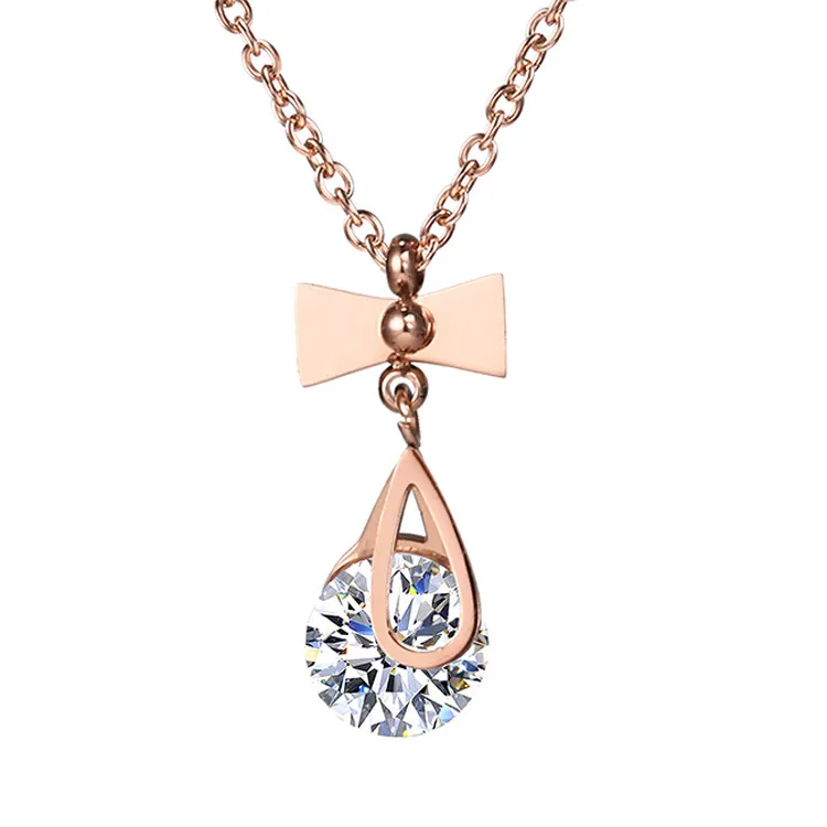 Nueva moda collar de cadena con colgante de lazo de acero inoxidable chapado en oro rosa para regalo de mujer