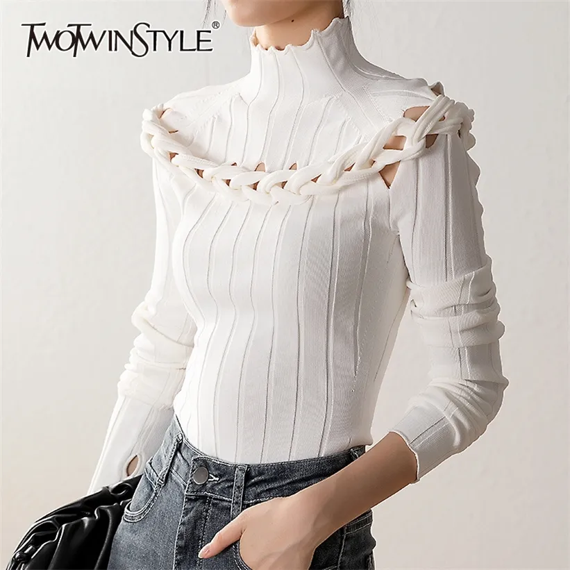 TWOTWINSTYLE Slim Twist Kink Sweater For Women Turtleneck Long Sleeve Hollow Out Sexy Knitted Tops Female Fashion New Clothing 201223