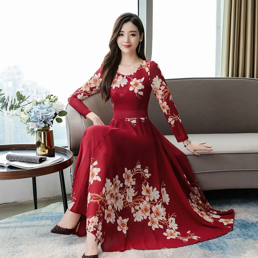 Floral Chiffon Midi Dress Vintage Long Sleeve Maxi For Women