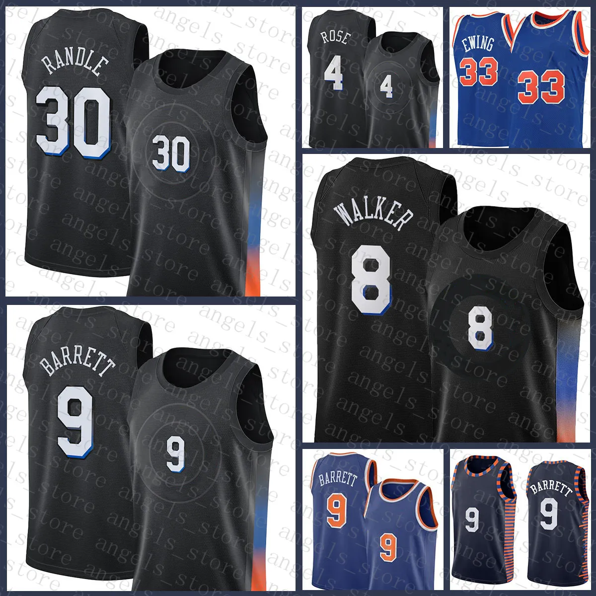 2021 Ny RJ 9 Barrett Basketball Jersey Julius 30 Randle Mens Derrick 4 Rose Kemba 8 Walker Patrick 33 Ewing Black