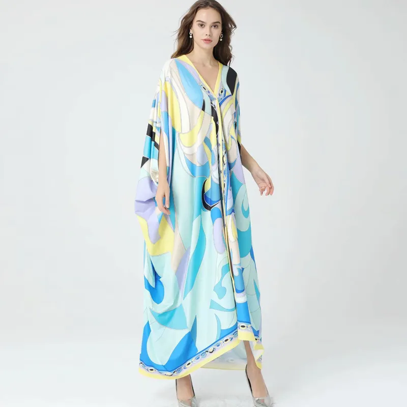 Women's Runway Dresses Sexy V Neck Ruched Picked Up Loose Design Printed Fashion High Street Long Robes Vestidos