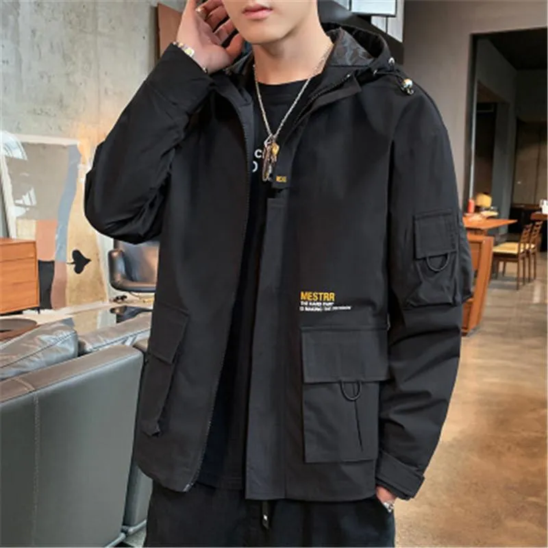 Мужчина оснастка повседневной куртки мода корейская версия с длинным рукавом молния на молнии с капюшоном верхняя одежда дизайнер мужской зима новый свободный карман