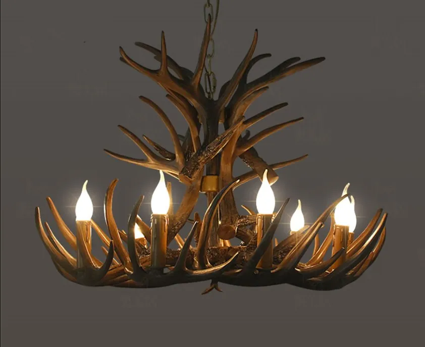 Retro LED-ljuskrona E14 Hänglampa Belysning Hanglamp Industriell Buck Deer Horn Antler Bedroom Living Room Köksarmaturer