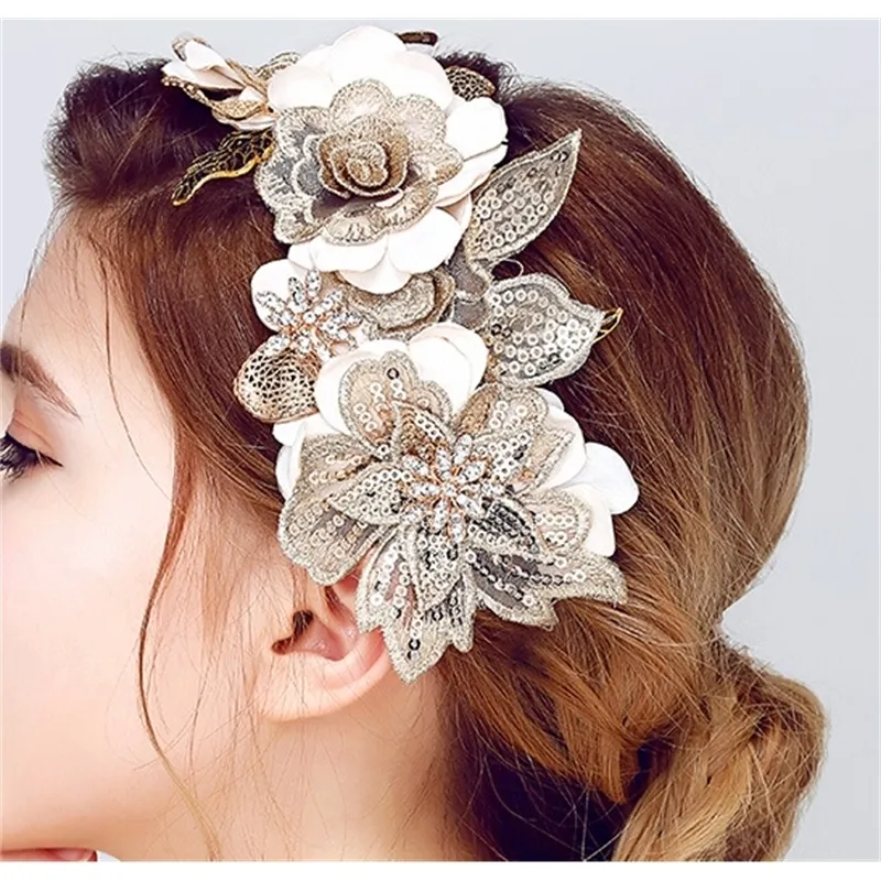 Slbridal ręcznie robiony koronkowy kwiat złoty liść ślubna opaska na włosy tiara opaska na głowę nośnik akcesoria do włosów Kobiety biżuteria do włosów y200409