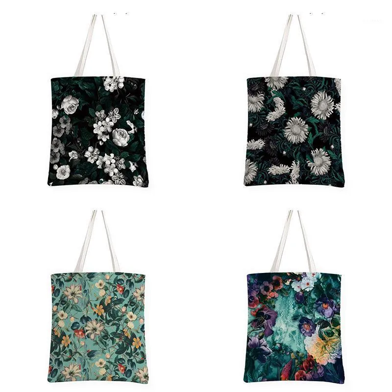 Sacs de rangement Black Flower Print Femme Shopping Toile Sac Fourre-tout Casual Grande capacité Femmes Voyage Épaule Eco Réutilisable Sac à main