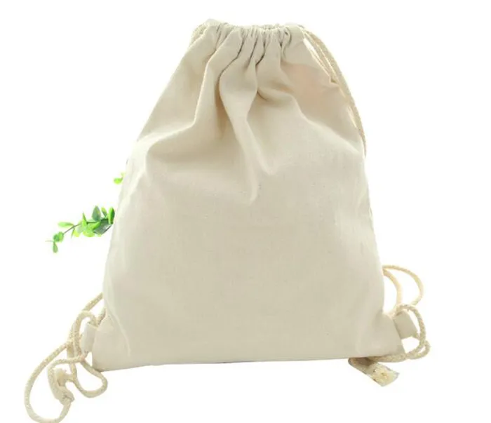 Children DIY Blank White Canvas Large Capacity Drawstring Bag Travel Backpack School Bag