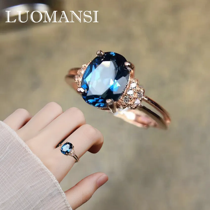 Luomansi Natural Blue Topaz Ring S925 Sterling Silver Gemstone Open Women Rings Rose Gold High Quality Jewelry J0112