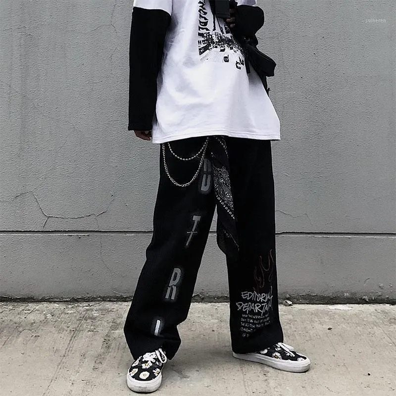 Qweek Mall Goth Calças Goth Oversized Grunge Estética Gótico Harajuku Punk  Pants Pants Mulheres Streetwear Graffiti Mulheres Calças1 De $108,18