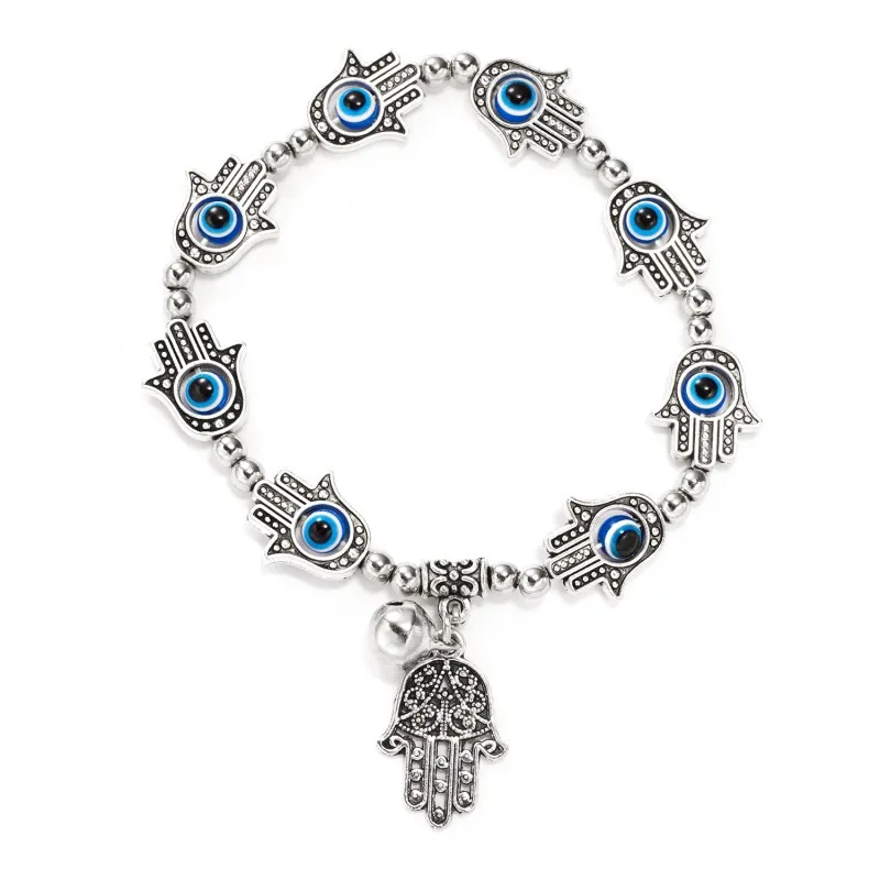 Antique Silver Plated Fatima Hand Blue Evil Eye Charm Stretch Bracelets with Small Bell