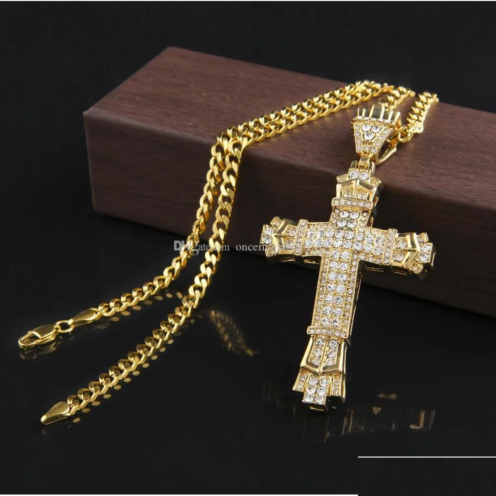 silver hip hop cross charm pendant full ice out cz simulated diamonds catholic crucifix christian pendant necklace with long cuban