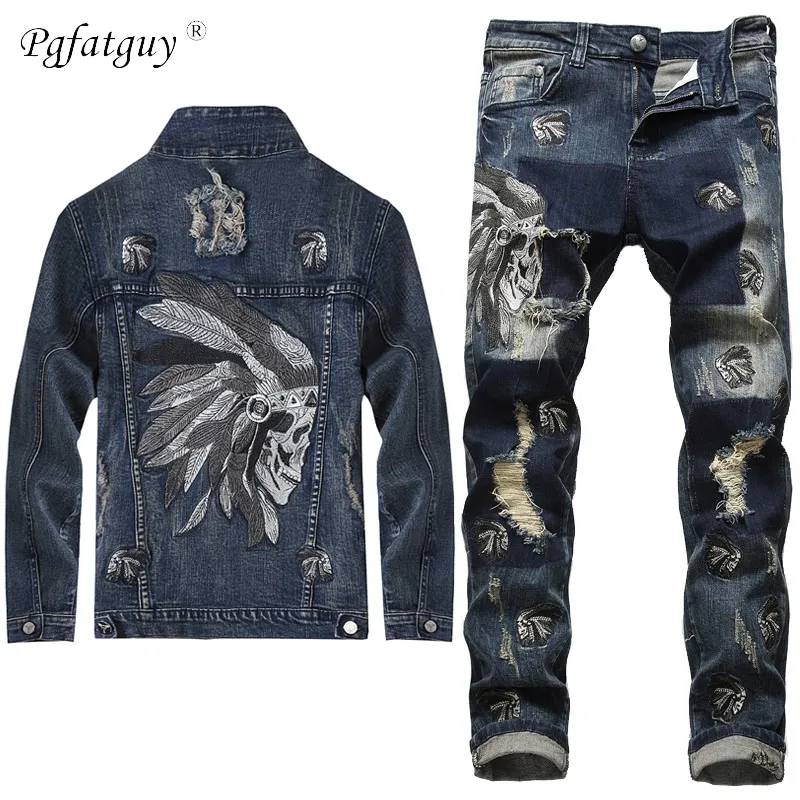 European Style Men Sets Embroidered Indian stretch denim Blue 2 Pieces Maching Set Jacket and Hole Jeans Mens Clohing 201109