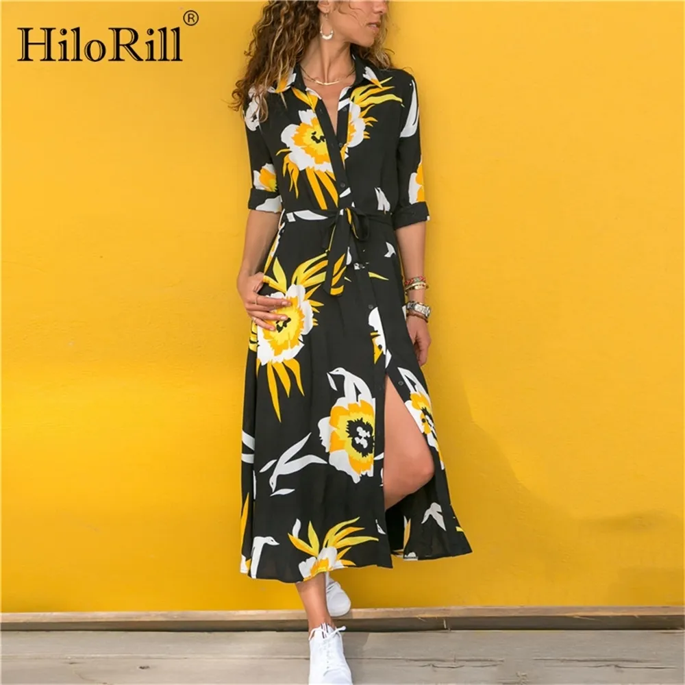 Hilorill Long Dress Women Floral Print Sommarstrand Klänningar Bohemian Långärmad Vintage Holiday Party Dress Vestidos de Fiesta LJ200820