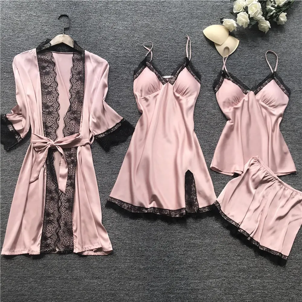 Sexy vrouwen gewaad toga sets kanten badjas + nachtjurk 4 vier stuks nachtkleding vrouwen slaap set imitatie zijden gewaad femme lingerie T200111