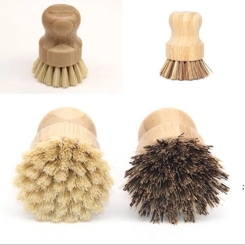 Round Wood Brush Handle Pot Dish Household Sisal Palm Bamboo Kitchen Chores Rub Cleaning Brushes RRF14257