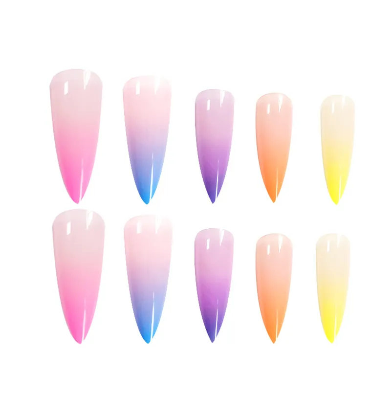 NAF008 20pcs/set Gradient Candy Color Finished Nail Art Tips Colorful Artificial False Nails With Glue Rainbow Nail Tips Decoration