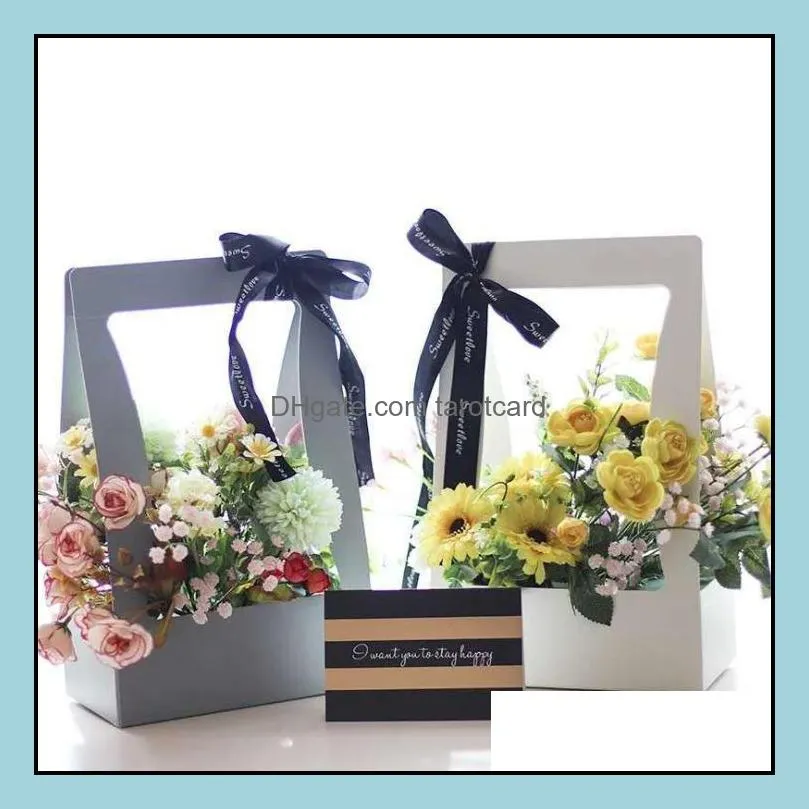 Portable Flowers Boxes Paper Flower Basket Florist  Flower Carrier Holder Home Decoration Wholesale