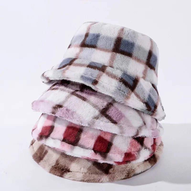 Nouveau mode Plaid fausse fourrure femmes hiver seau chapeaux doux chaud épais pêcheur chapeaux dame fille Panama extérieur voyage casquette de pêche