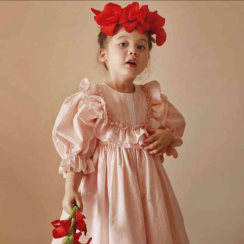 Childrens Flower Girl Pink Puff Sleeve Prinses Jurk Vintage Peuter Kids Girl's Spaanse Jurk Verjaardag Bruiloft Jurken G1218