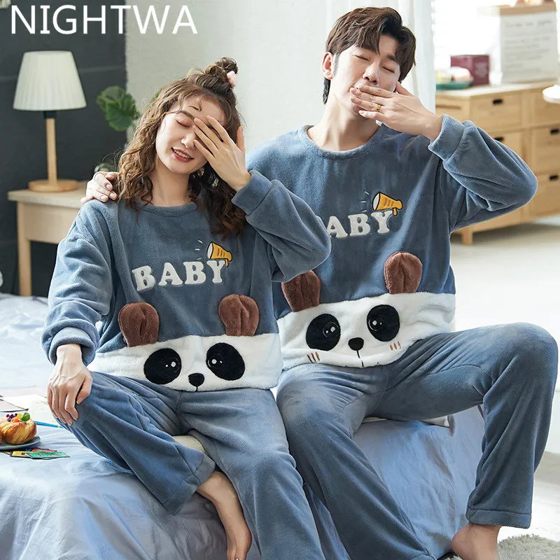 NIGHTWA Winter Couples Pajama Set Cute Animal Flannel Winter