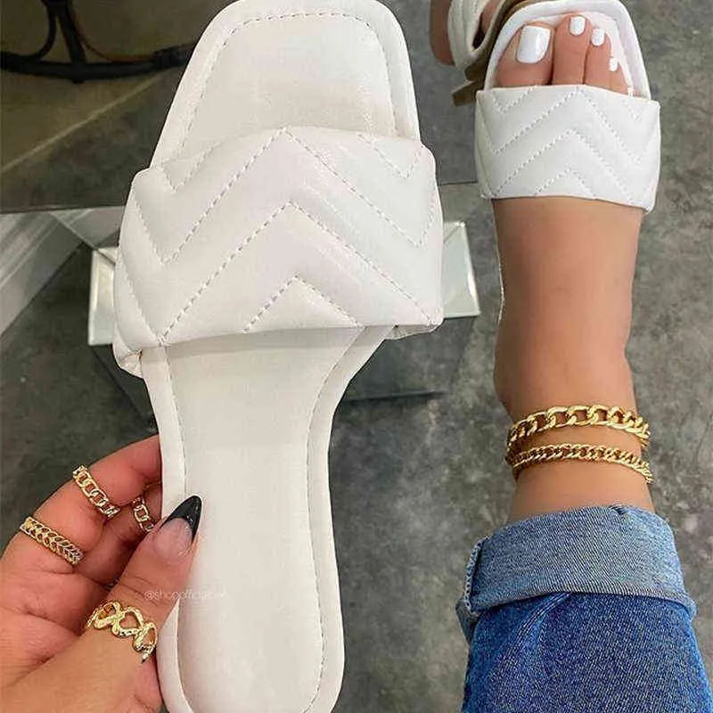 Slippers Women Square Toe Slippers Ladies Sewing Casual Flats Female Summer Beach Slides Woman Outdoor Leisure Shoes Plus Size 220307