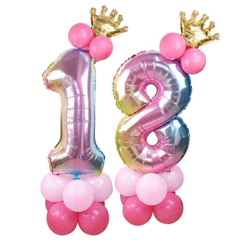 Number Balloon Set Rainbow Rose Gold 32 Inch Digital Foil Balloons with Crown Helium Ballon Wedding Decor Birthday Party Supplie