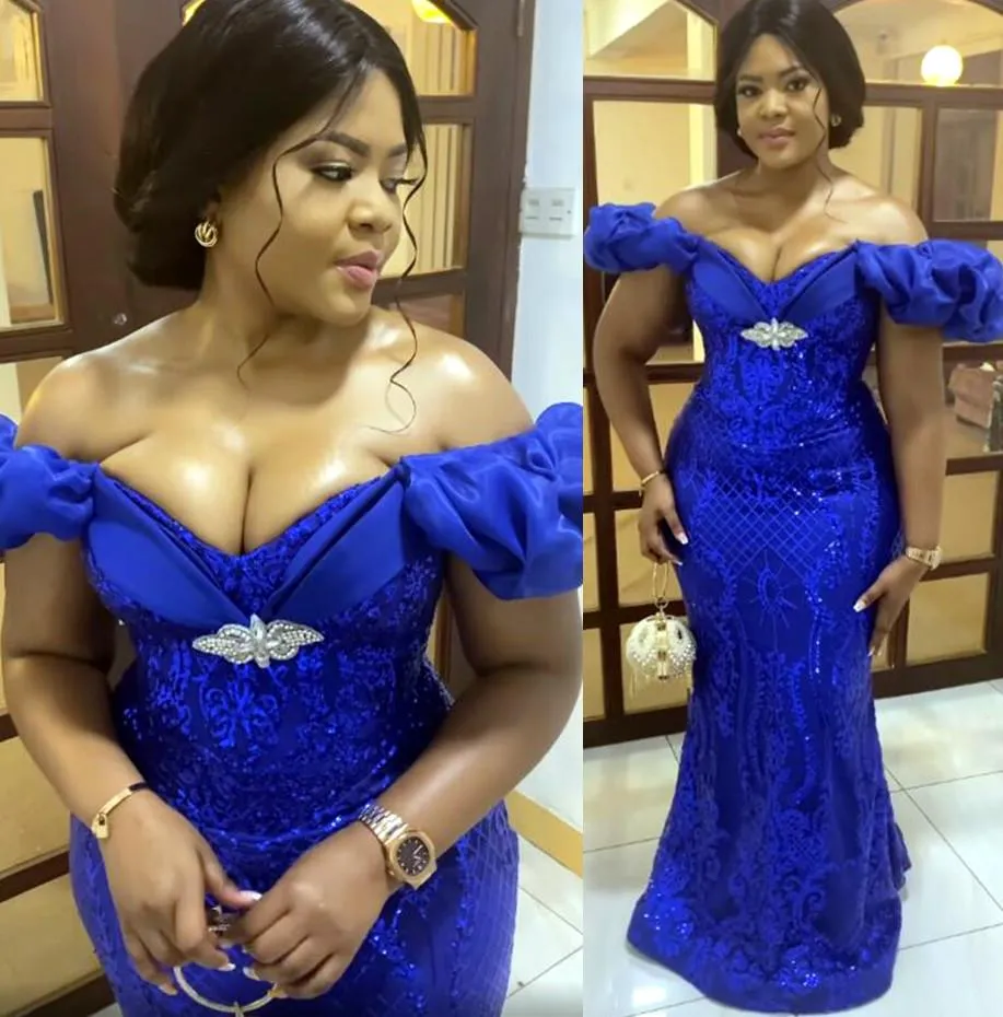 2022 Plus Size Arabski ASO EBI Royal Blue Mermaid Prom Dresses Sweetheart Cekinowy Koronki Wieczór Formalny Party Druga Recepcja Urodziny Suknie Zaręczynowe Suknia