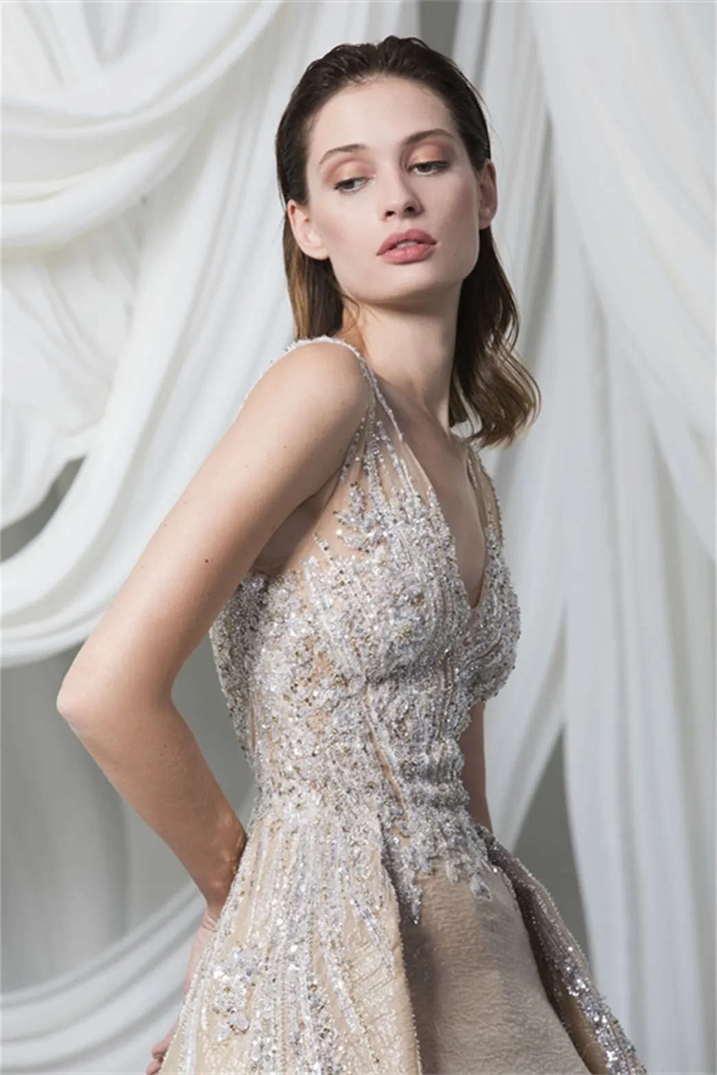 Unique v neck beaded long prom dress, champagne evening dress – shdress