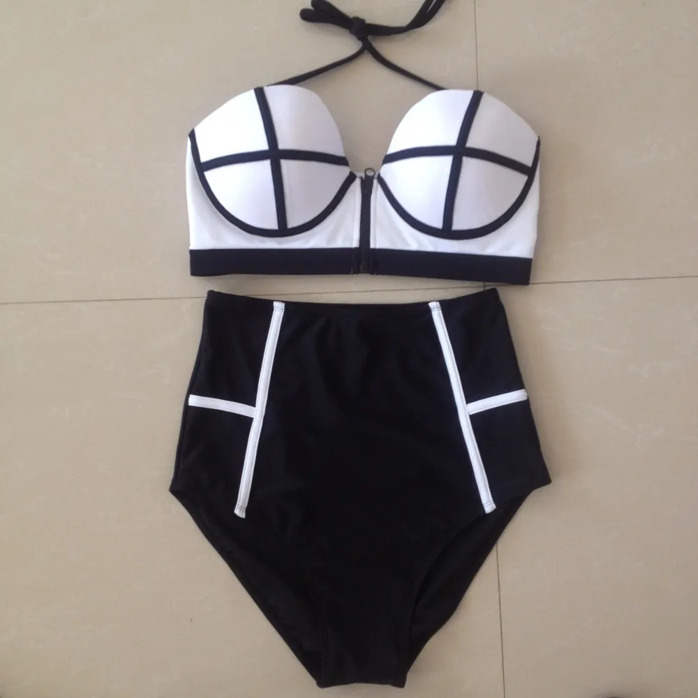 Bra Set Swimwear Women Strip Steel Chest with Chest Pad Gathering Zipper Lace Underwear High Waist Fashion Sexy Striped Elastic Y200708