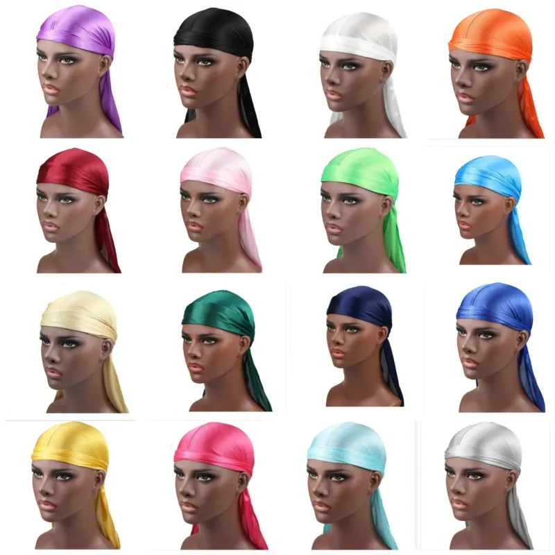 남성 Durag 새틴 Durags 모자 이들 Turban 가발 남성 Silky Headwear 해적 모자 모자 헤어 액세서리 패션 모자 남자를위한 도매