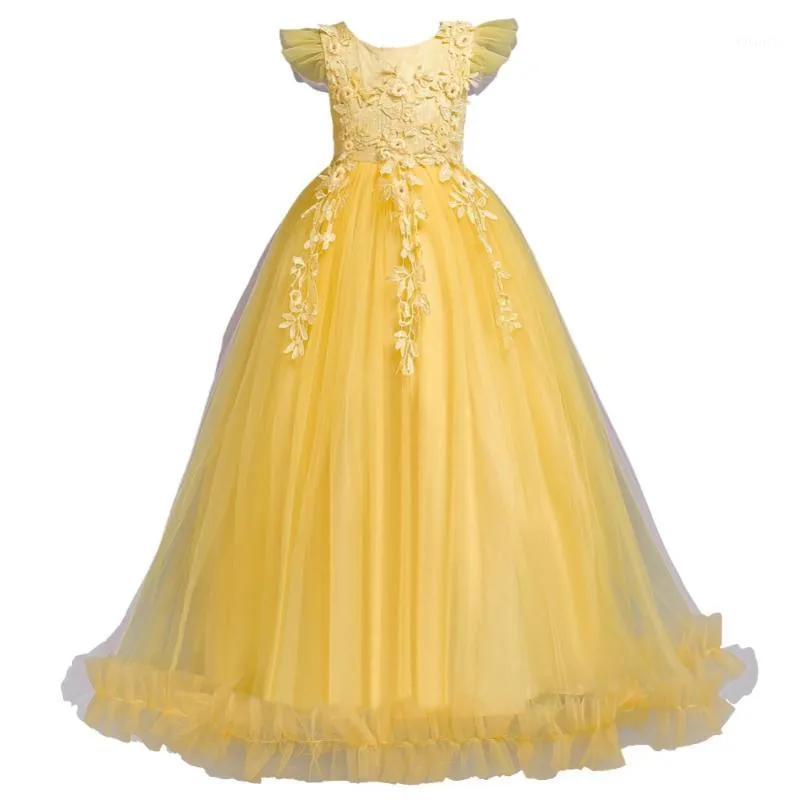 Fancy Princess Party Dresses for Girls Lång Ärmlös Flower Evening Kid Prom Bröllop Barn Dress1 Tjej