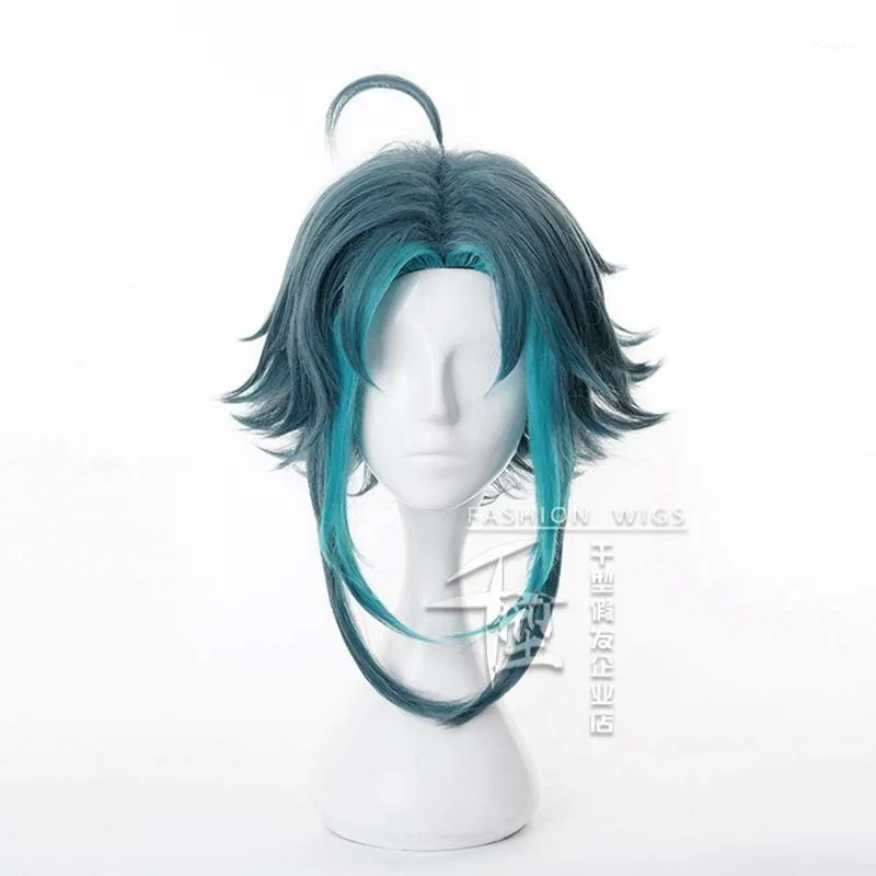 Annan Event Party Supplies Genshin Impact Xiao Wig Cosplay Mörkgrön Kort Straight Heat Resistant Syntetisk Hår Vuxen Kvinnor Halloween