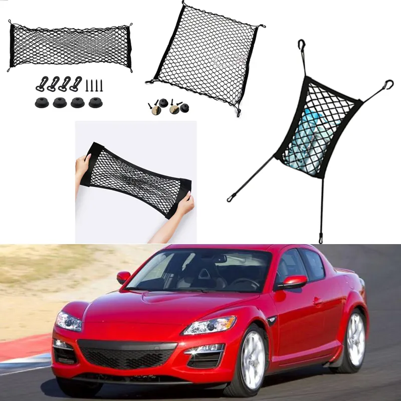 För Mazda RX-8 RX8 bilfordon Svart bakre bagageutrymmet Bagage Arrangörhållare Förvaring Nylon Vertikal Säte Net Frame Trim