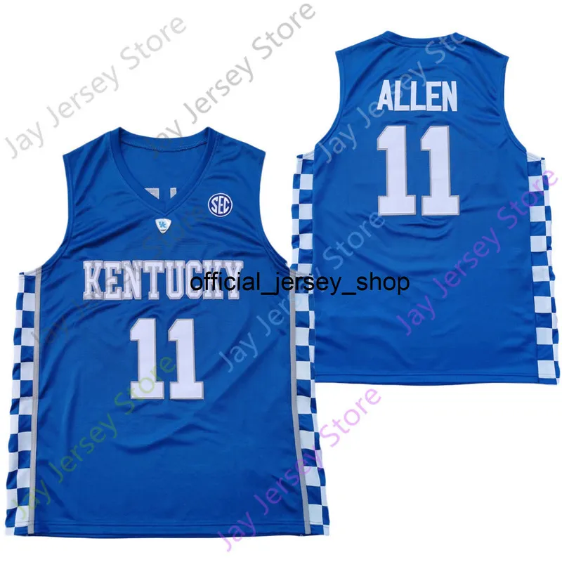 2020 Nouveau maillot de basket-ball universitaire Kentucky Wildcats NCAA 11 Allen bleu tout cousu et brodé hommes taille jeunesse