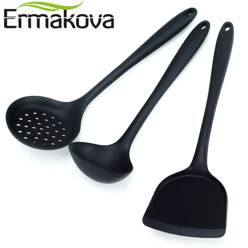 ERMAKOVA 3 pièces/ensemble spatule en silicone antiadhésive spatule écumoire cuillère à soupe cuillère à soupe ustensiles de cuisine résistant à la chaleur (noir) 201119