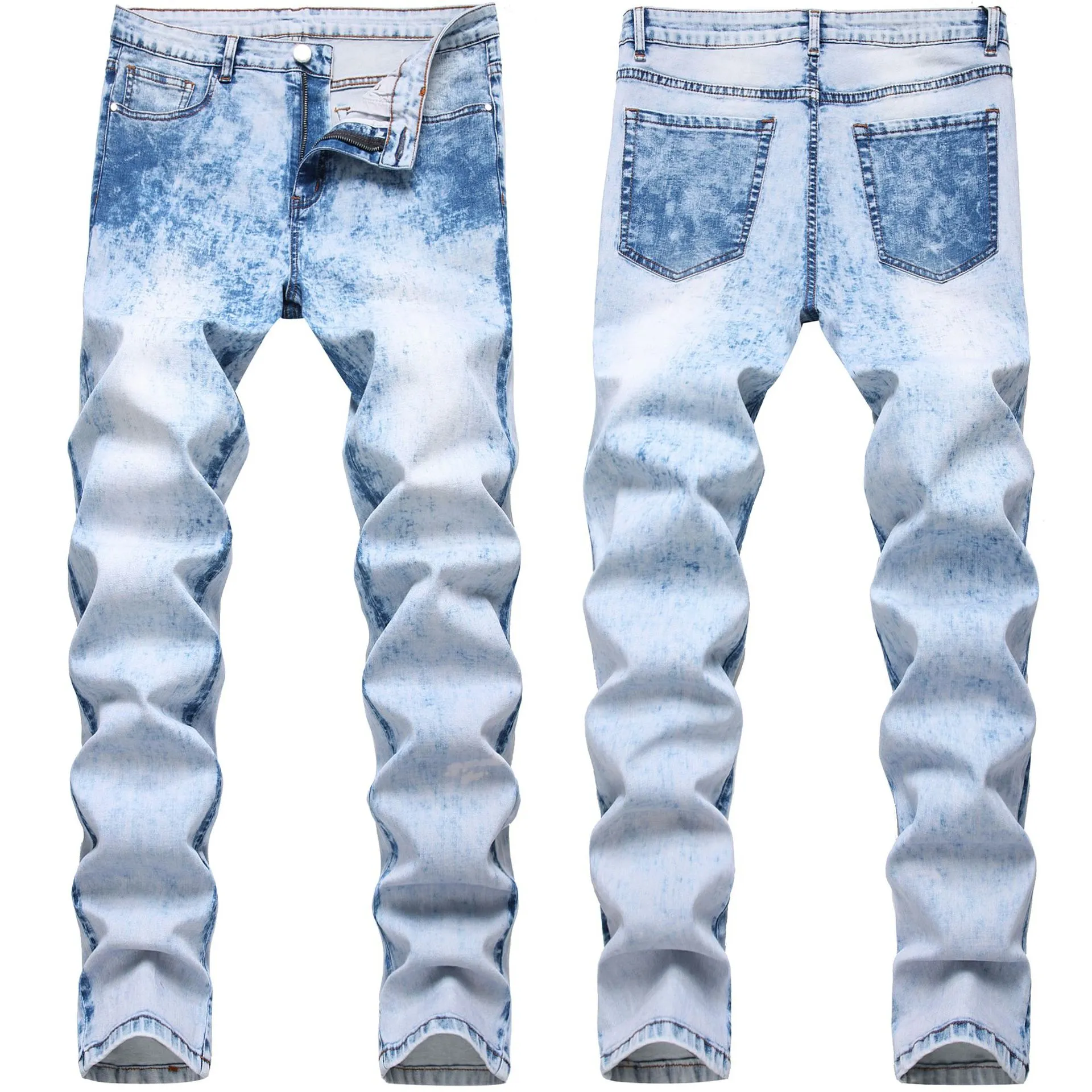 Men's Jeans Men Blue Solid Color Slim-Fit Bikes Pencil Pants Classic Business Streetwear Free Delivery